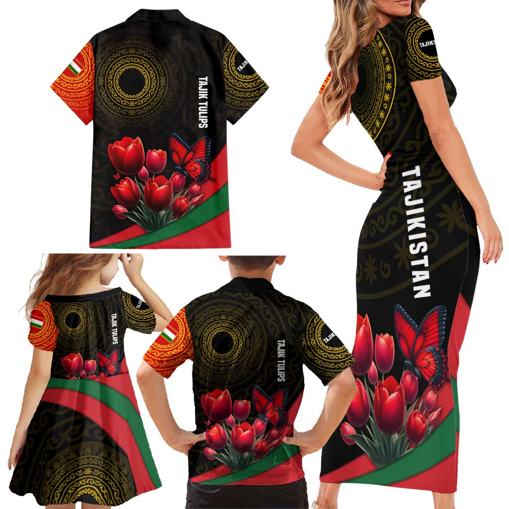 Tajikistan Family Matching Short Sleeve Bodycon Dress and Hawaiian Shirt Tulip with Red Floral Butterfly with Black Gold Folk Pattern