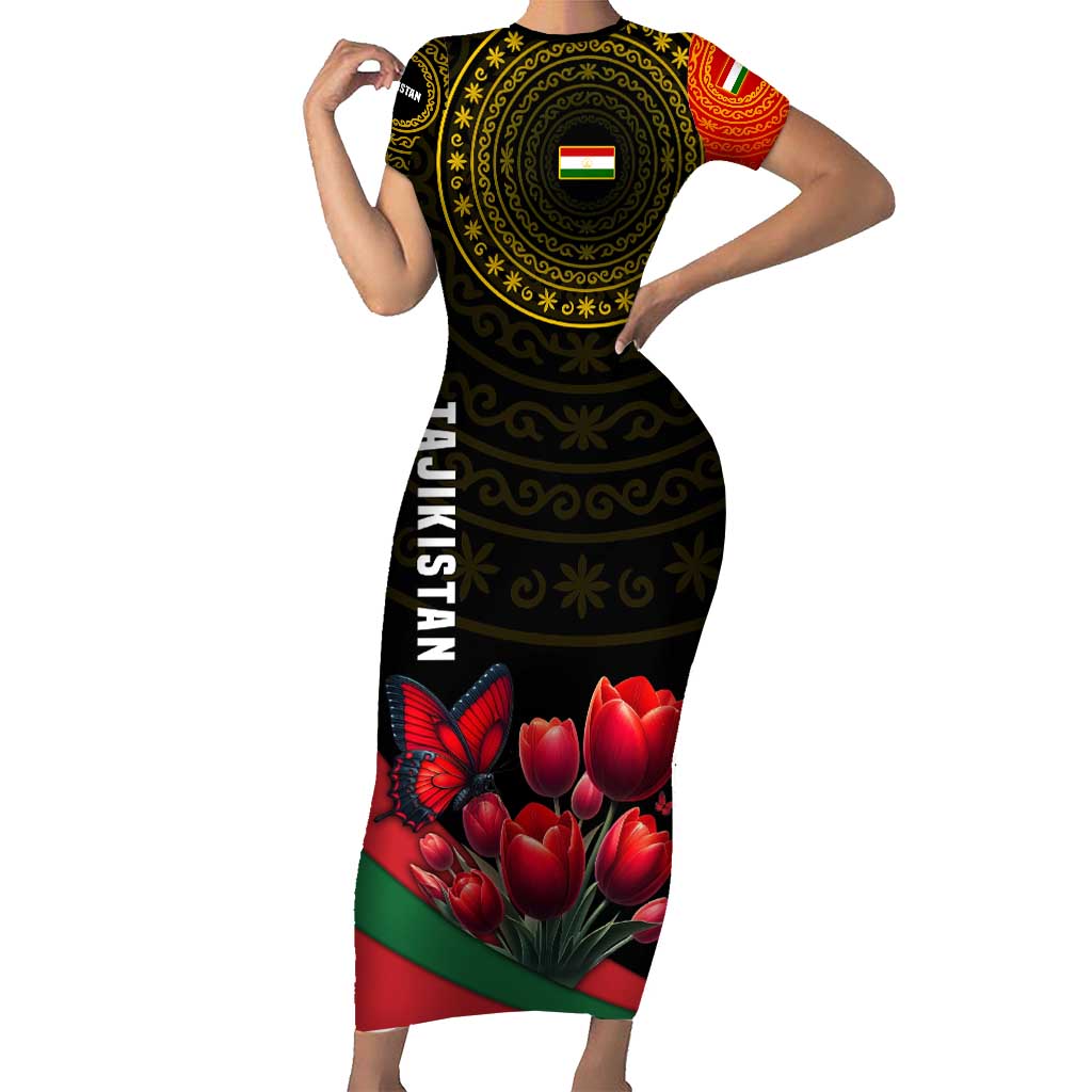 Tajikistan Family Matching Short Sleeve Bodycon Dress and Hawaiian Shirt Tulip with Red Floral Butterfly with Black Gold Folk Pattern