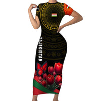 Tajikistan Family Matching Short Sleeve Bodycon Dress and Hawaiian Shirt Tulip with Red Floral Butterfly with Black Gold Folk Pattern