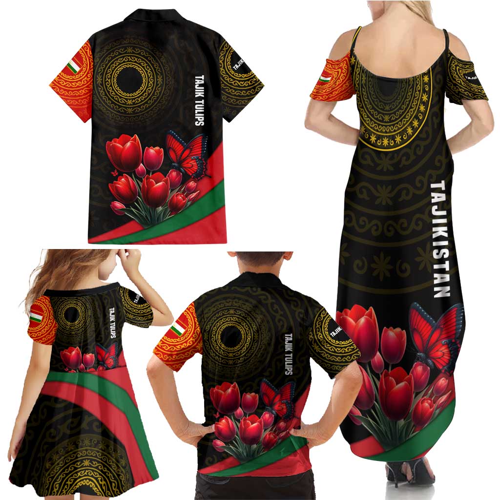 Tajikistan Family Matching Summer Maxi Dress and Hawaiian Shirt Tulip with Red Floral Butterfly with Black Gold Folk Pattern