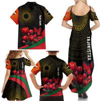 Tajikistan Family Matching Summer Maxi Dress and Hawaiian Shirt Tulip with Red Floral Butterfly with Black Gold Folk Pattern