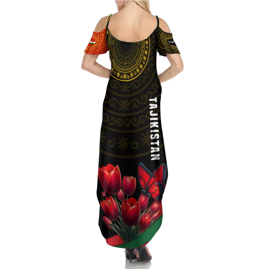 Tajikistan Family Matching Summer Maxi Dress and Hawaiian Shirt Tulip with Red Floral Butterfly with Black Gold Folk Pattern