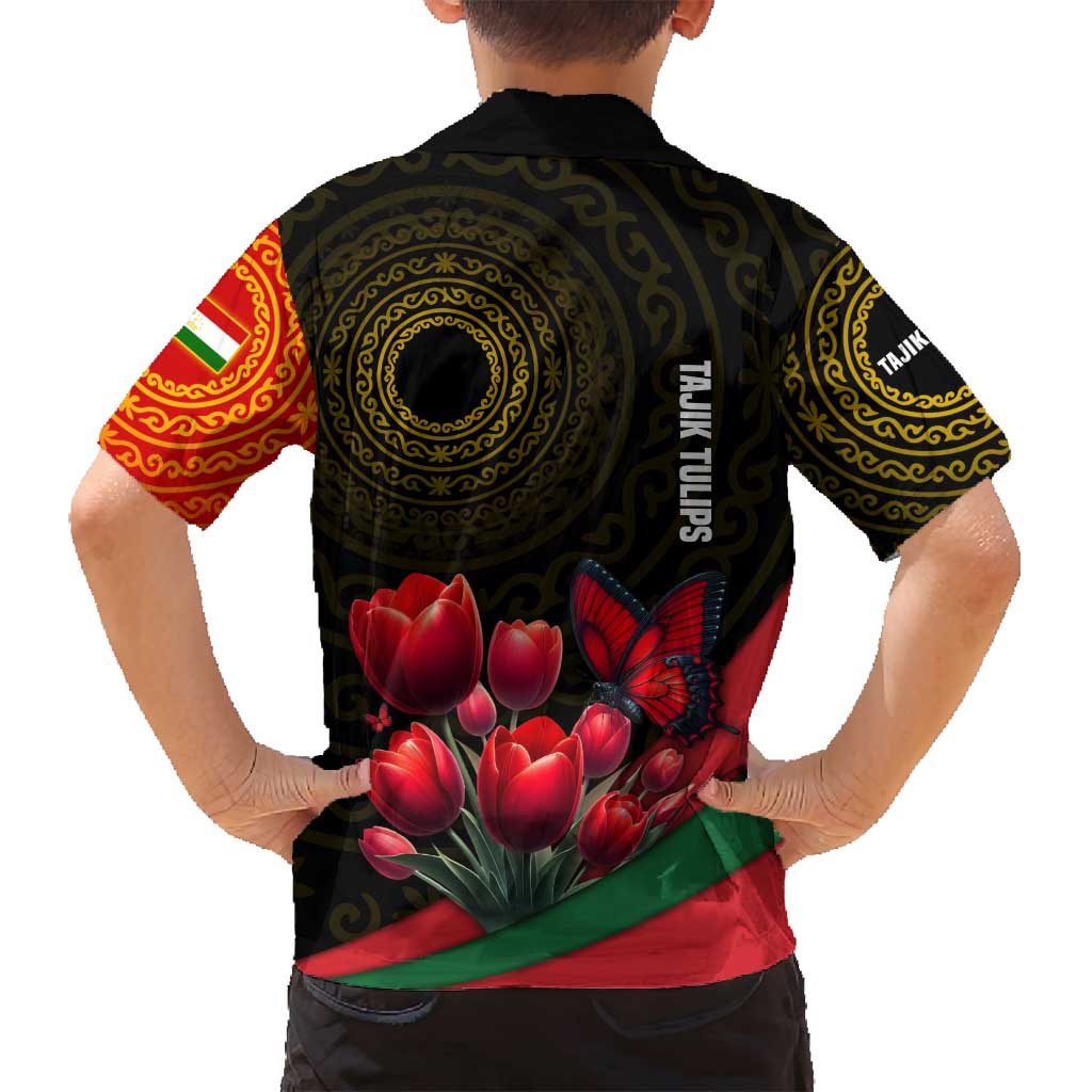 Tajikistan Family Matching Tank Maxi Dress and Hawaiian Shirt Tulip with Red Floral Butterfly with Black Gold Folk Pattern