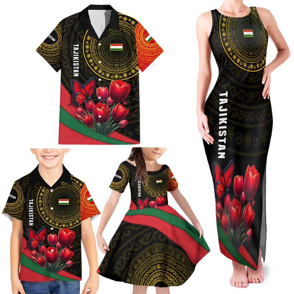 Tajikistan Family Matching Tank Maxi Dress and Hawaiian Shirt Tulip with Red Floral Butterfly with Black Gold Folk Pattern