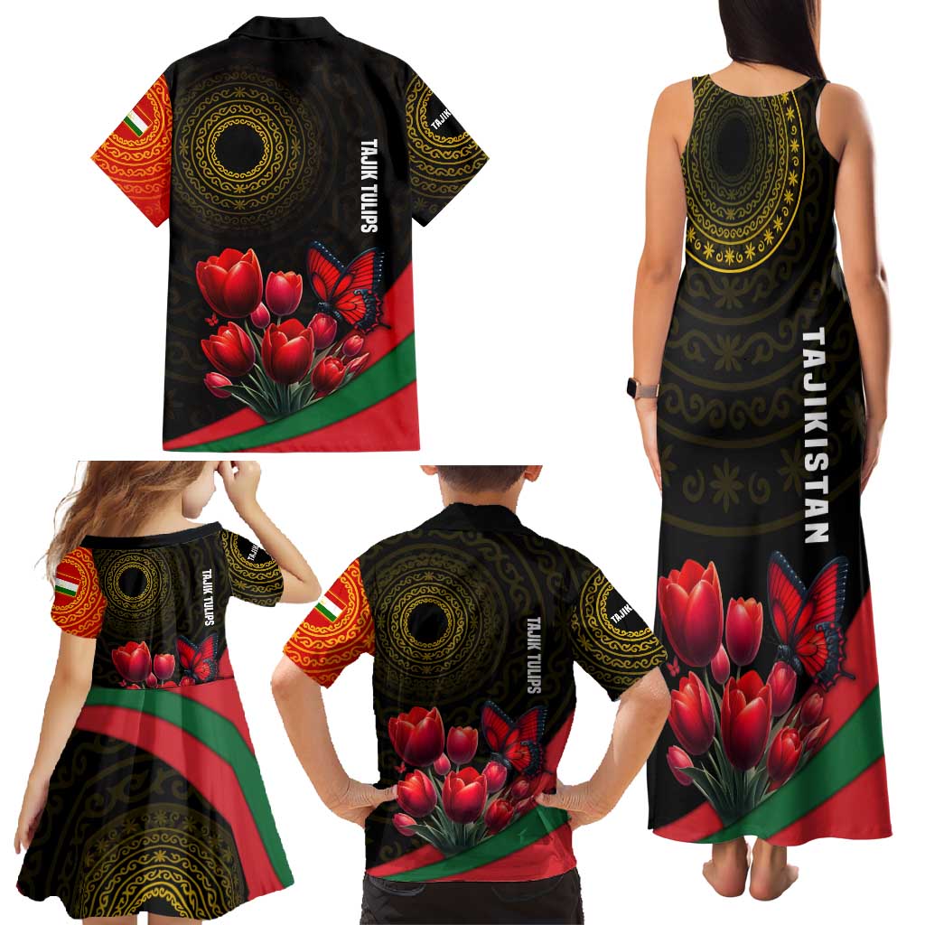 Tajikistan Family Matching Tank Maxi Dress and Hawaiian Shirt Tulip with Red Floral Butterfly with Black Gold Folk Pattern