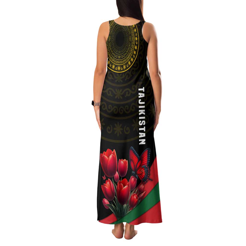 Tajikistan Family Matching Tank Maxi Dress and Hawaiian Shirt Tulip with Red Floral Butterfly with Black Gold Folk Pattern