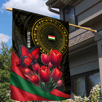 Tajikistan Garden Flag Tulip with Red Floral Butterfly with Black Gold Folk Pattern