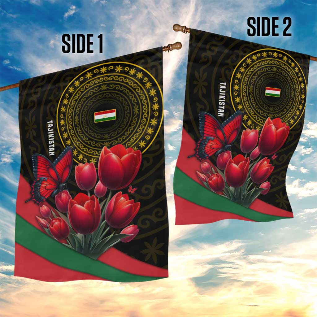 Tajikistan Garden Flag Tulip with Red Floral Butterfly with Black Gold Folk Pattern