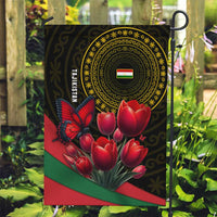 Tajikistan Garden Flag Tulip with Red Floral Butterfly with Black Gold Folk Pattern