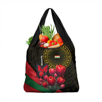 Tajikistan Grocery Bag Tulip with Red Floral Butterfly with Black Gold Folk Pattern
