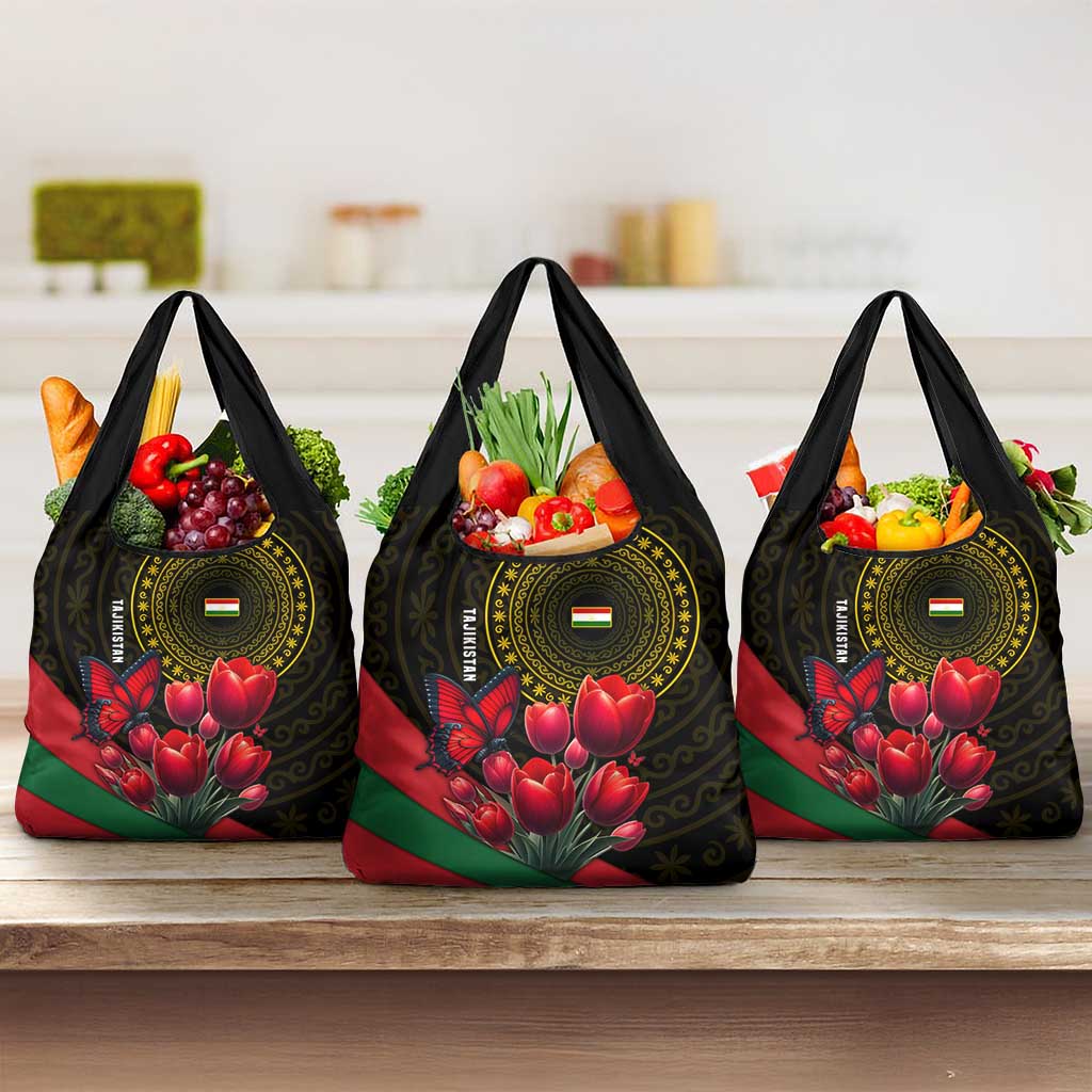 Tajikistan Grocery Bag Tulip with Red Floral Butterfly with Black Gold Folk Pattern