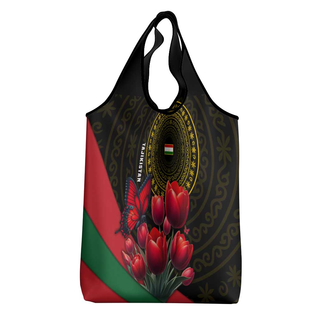 Tajikistan Grocery Bag Tulip with Red Floral Butterfly with Black Gold Folk Pattern