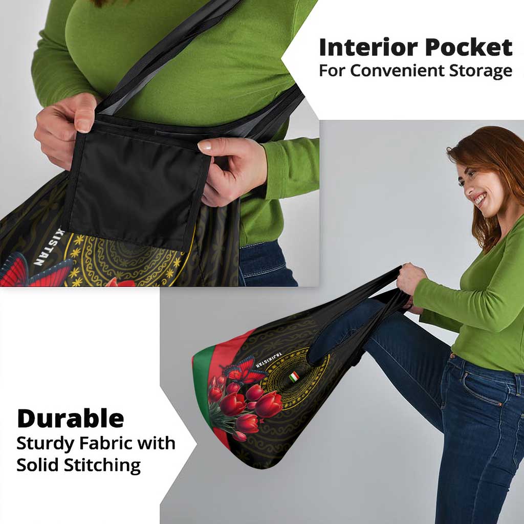 Tajikistan Grocery Bag Tulip with Red Floral Butterfly with Black Gold Folk Pattern