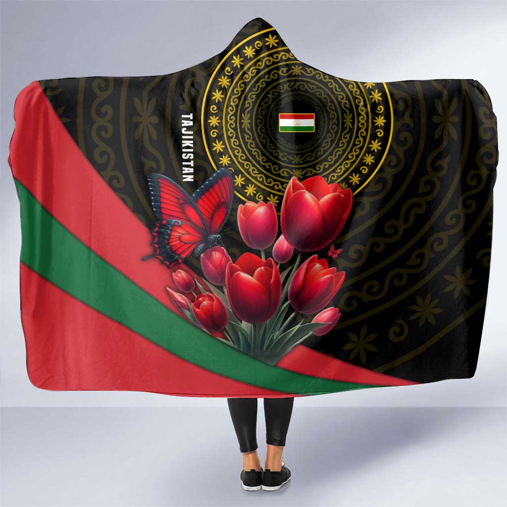 Tajikistan Hooded Blanket Tulip with Red Floral Butterfly with Black Gold Folk Pattern