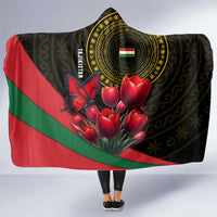Tajikistan Hooded Blanket Tulip with Red Floral Butterfly with Black Gold Folk Pattern