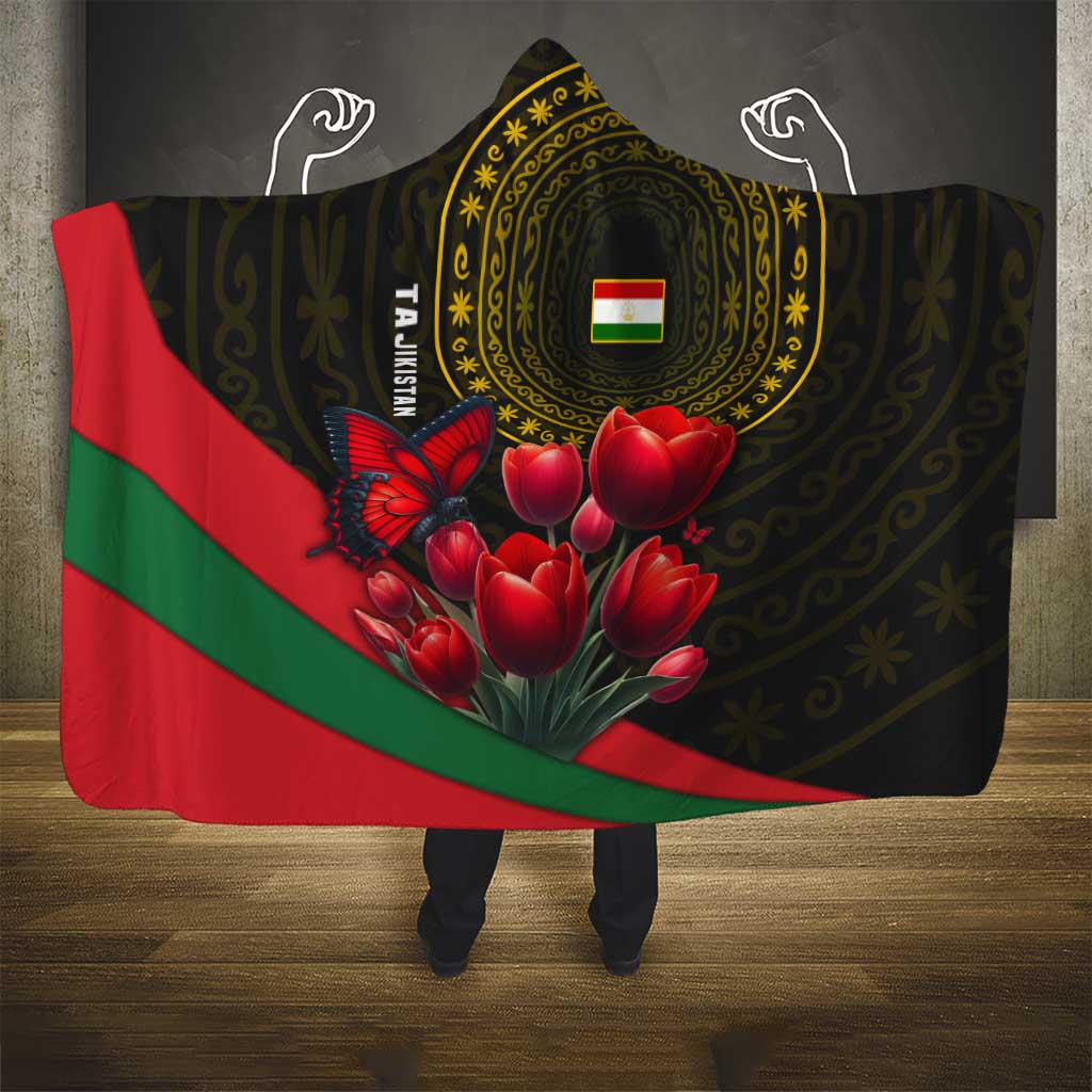 Tajikistan Hooded Blanket Tulip with Red Floral Butterfly with Black Gold Folk Pattern