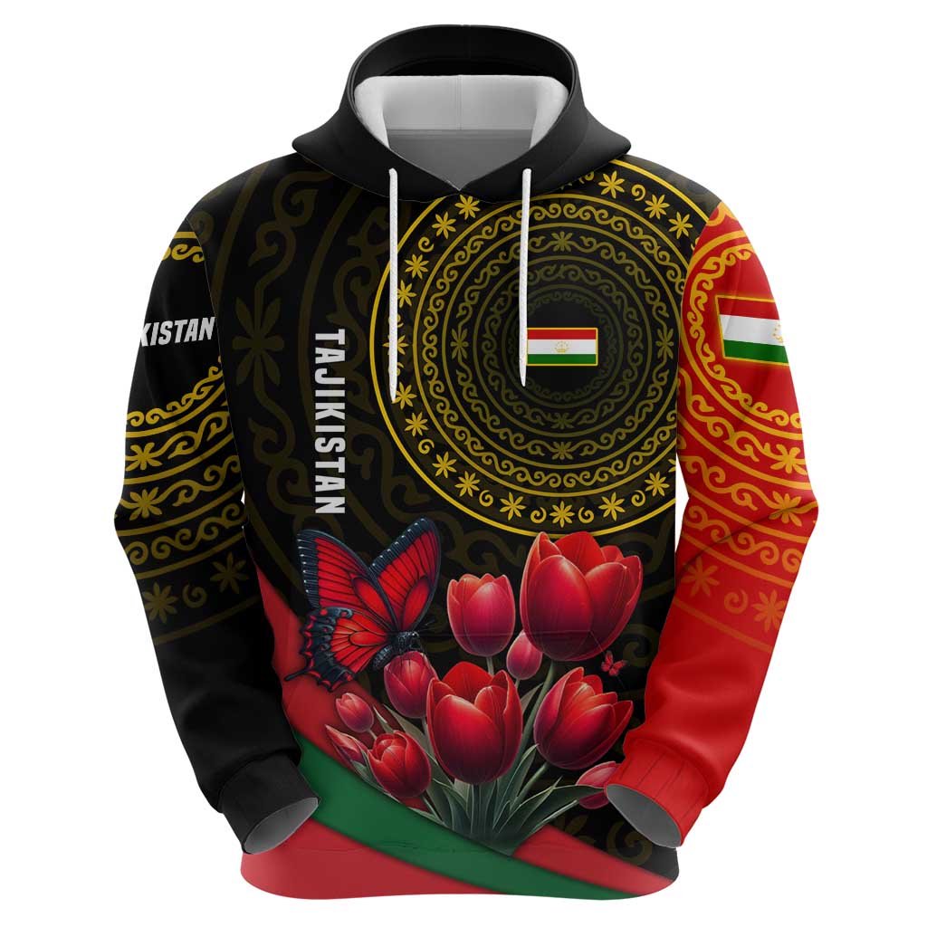 Tajikistan Hoodie Tulip with Red Floral Butterfly with Black Gold Folk Pattern