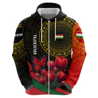 Tajikistan Hoodie Tulip with Red Floral Butterfly with Black Gold Folk Pattern