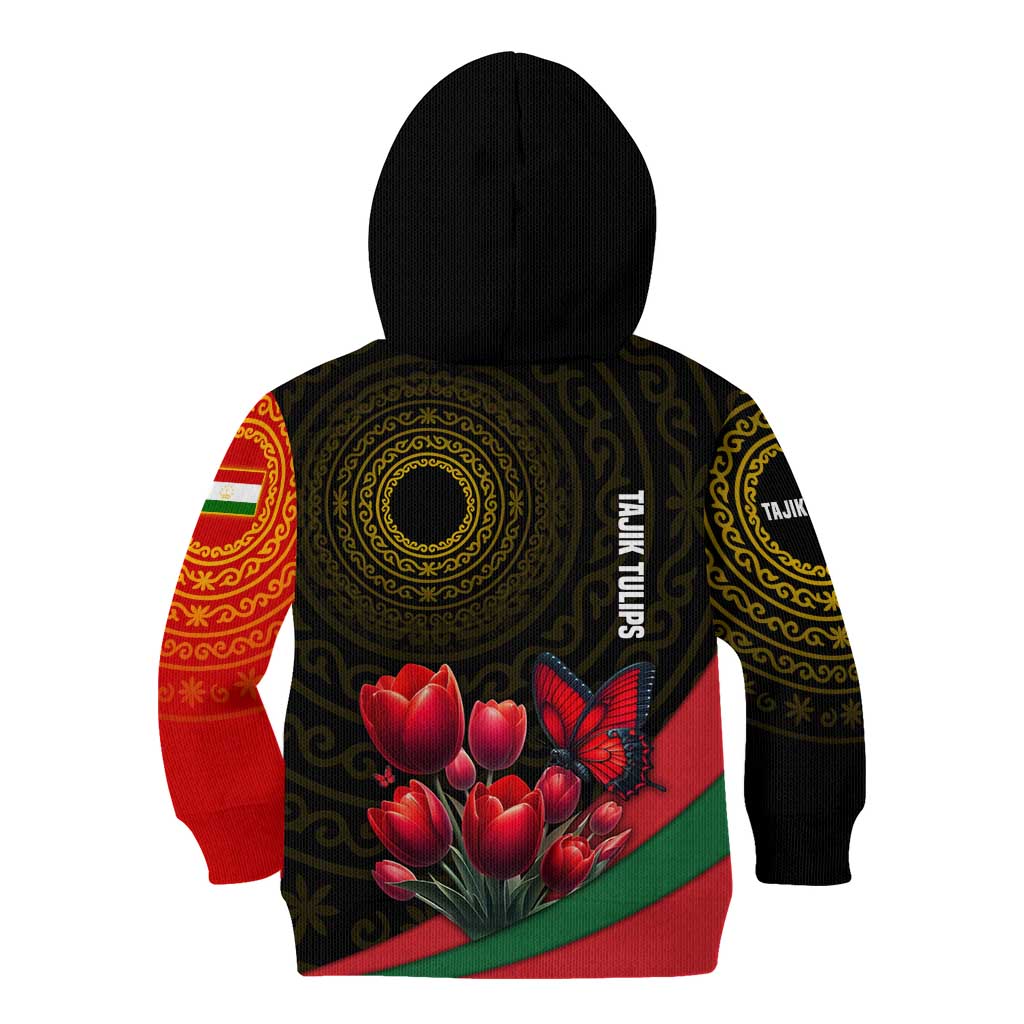 Tajikistan Kid Hoodie Tulip with Red Floral Butterfly with Black Gold Folk Pattern