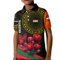Tajikistan Kid Polo Shirt Tulip with Red Floral Butterfly with Black Gold Folk Pattern