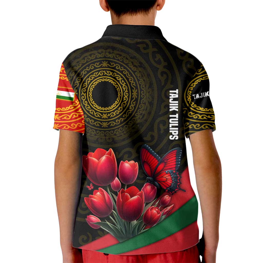 Tajikistan Kid Polo Shirt Tulip with Red Floral Butterfly with Black Gold Folk Pattern