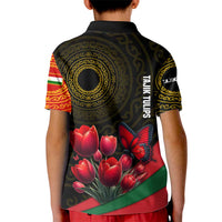 Tajikistan Kid Polo Shirt Tulip with Red Floral Butterfly with Black Gold Folk Pattern