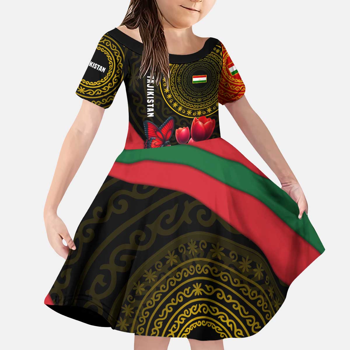 Tajikistan Kid Short Sleeve Dress Tulip with Red Floral Butterfly with Black Gold Folk Pattern
