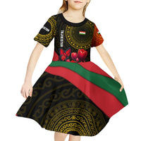 Tajikistan Kid Short Sleeve Dress Tulip with Red Floral Butterfly with Black Gold Folk Pattern