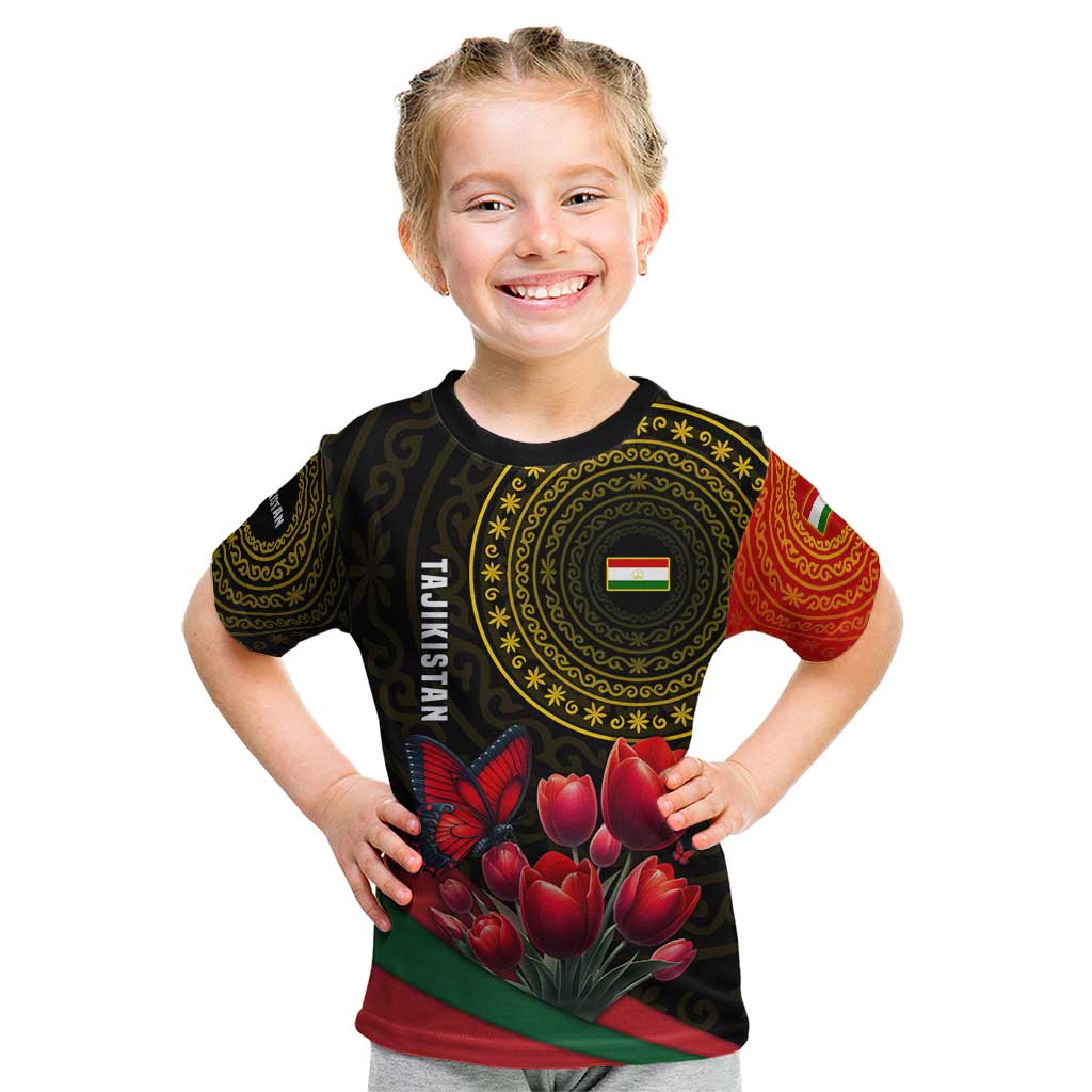 Tajikistan Kid T Shirt Tulip with Red Floral Butterfly with Black Gold Folk Pattern