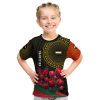 Tajikistan Kid T Shirt Tulip with Red Floral Butterfly with Black Gold Folk Pattern