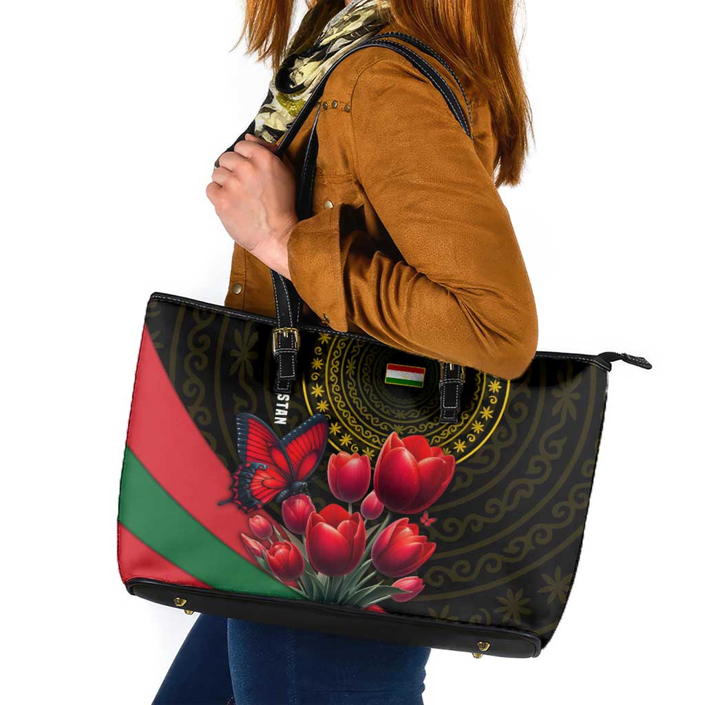 Tajikistan Leather Tote Bag Tulip with Red Floral Butterfly with Black Gold Folk Pattern