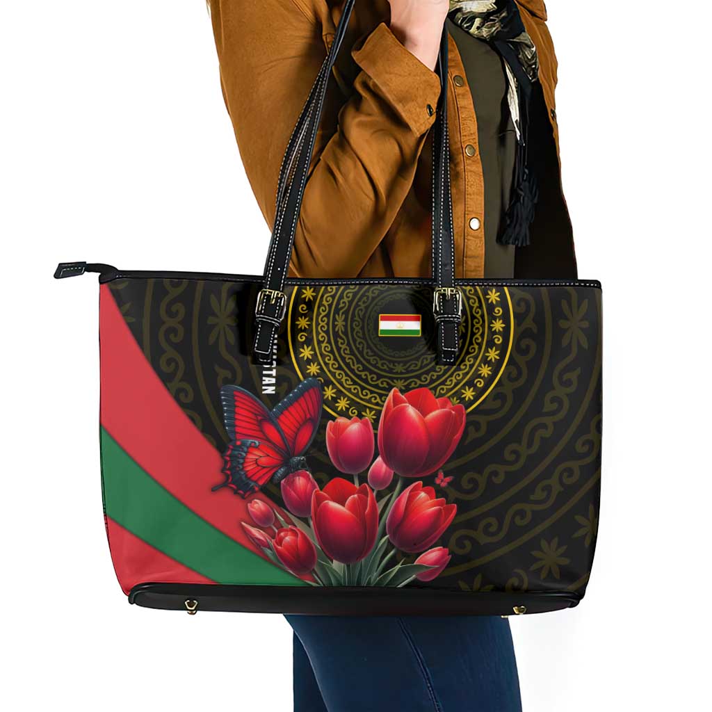 Tajikistan Leather Tote Bag Tulip with Red Floral Butterfly with Black Gold Folk Pattern