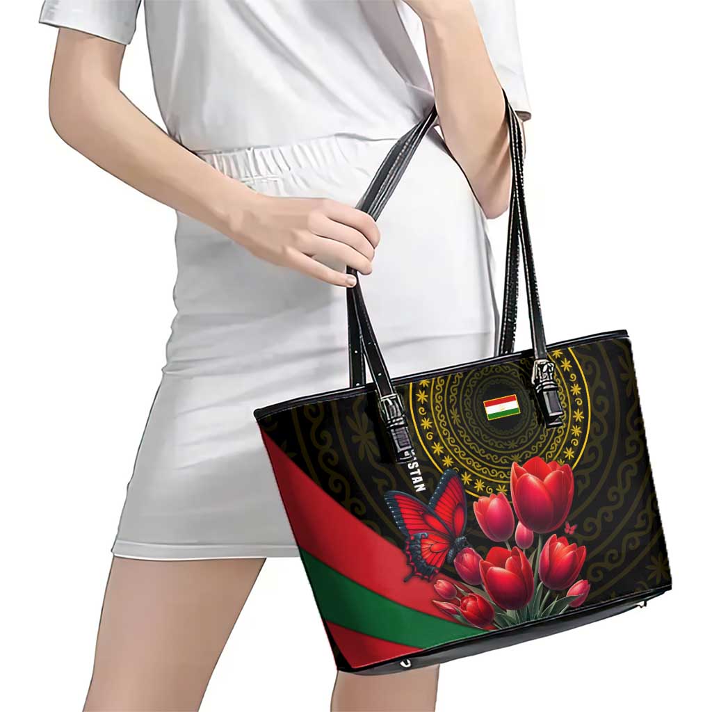 Tajikistan Leather Tote Bag Tulip with Red Floral Butterfly with Black Gold Folk Pattern