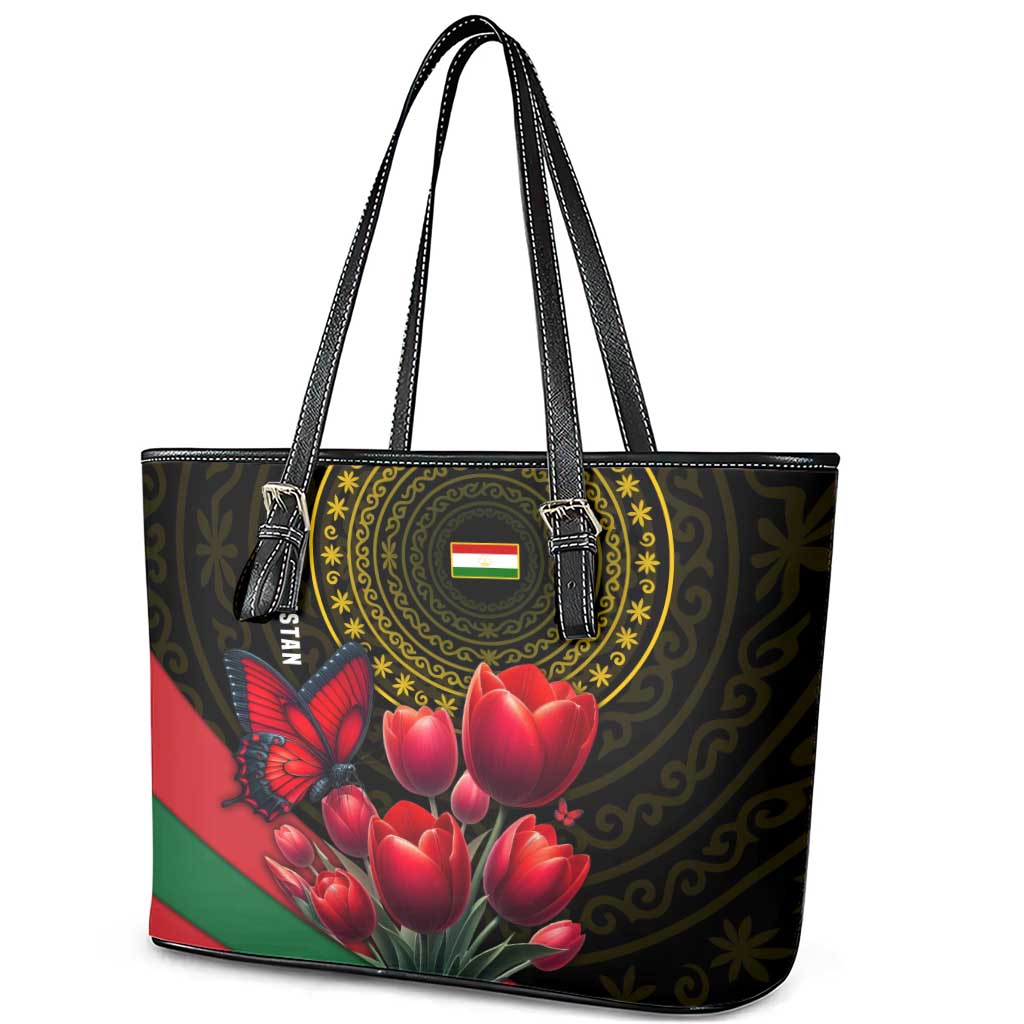 Tajikistan Leather Tote Bag Tulip with Red Floral Butterfly with Black Gold Folk Pattern