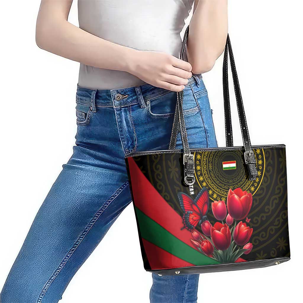 Tajikistan Leather Tote Bag Tulip with Red Floral Butterfly with Black Gold Folk Pattern