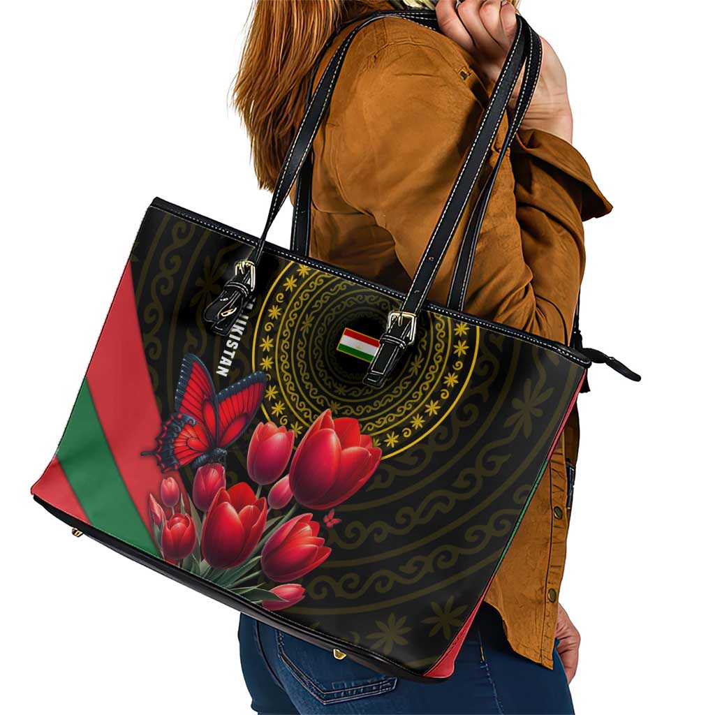 Tajikistan Leather Tote Bag Tulip with Red Floral Butterfly with Black Gold Folk Pattern