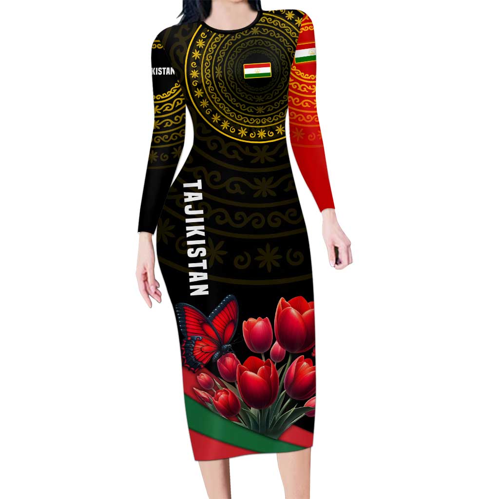Tajikistan Long Sleeve Bodycon Dress Tulip with Red Floral Butterfly with Black Gold Folk Pattern