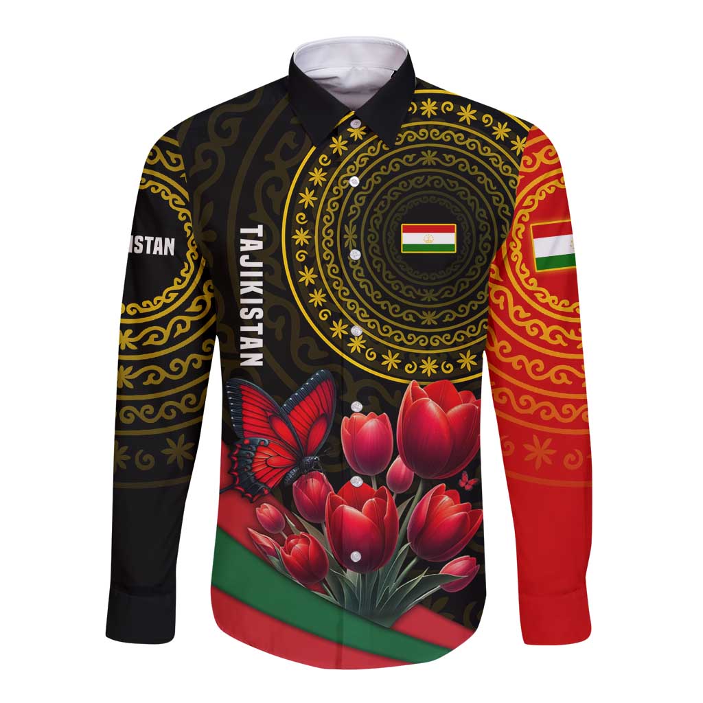 Tajikistan Long Sleeve Button Shirt Tulip with Red Floral Butterfly with Black Gold Folk Pattern
