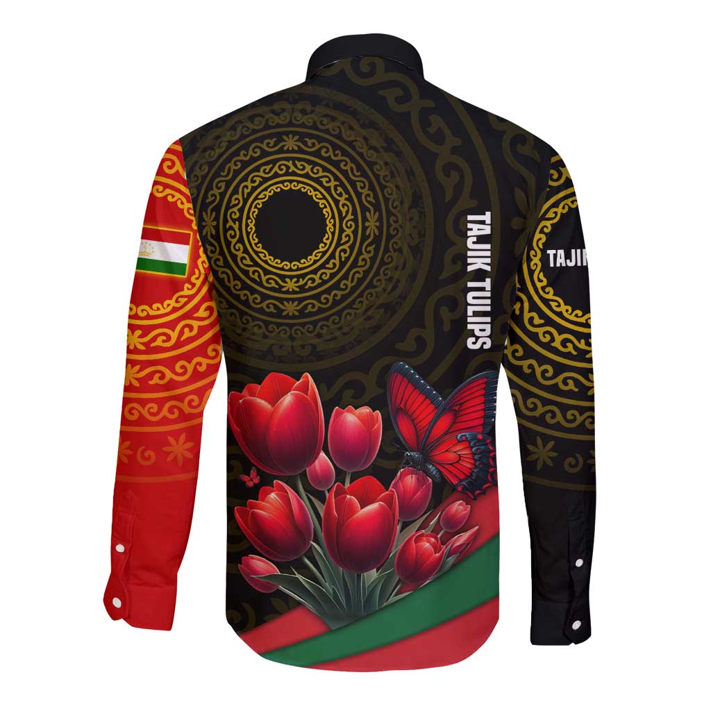 Tajikistan Long Sleeve Button Shirt Tulip with Red Floral Butterfly with Black Gold Folk Pattern