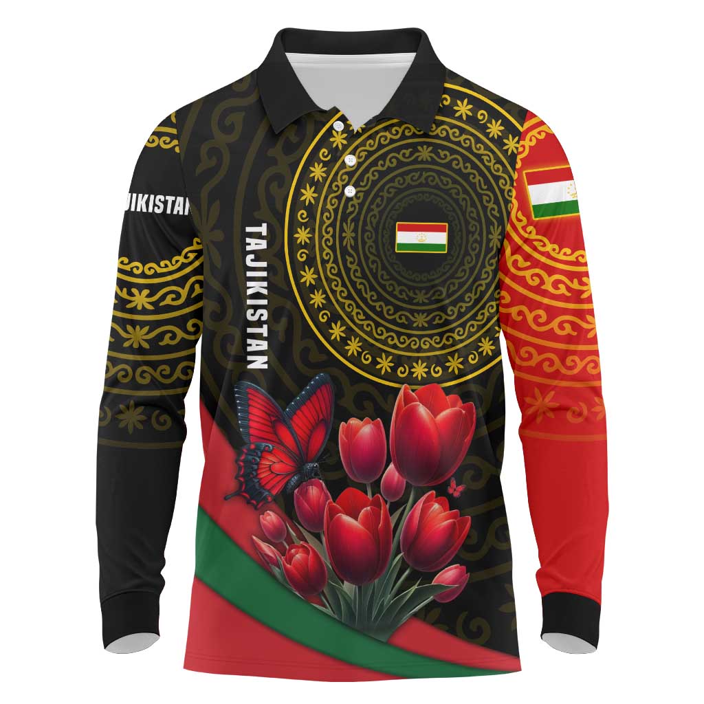 Tajikistan Long Sleeve Polo Shirt Tulip with Red Floral Butterfly with Black Gold Folk Pattern