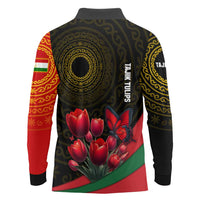 Tajikistan Long Sleeve Polo Shirt Tulip with Red Floral Butterfly with Black Gold Folk Pattern