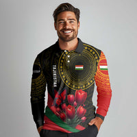 Tajikistan Long Sleeve Polo Shirt Tulip with Red Floral Butterfly with Black Gold Folk Pattern