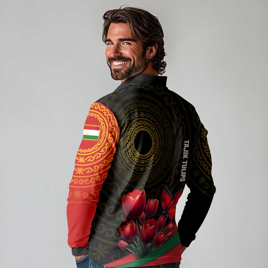 Tajikistan Long Sleeve Polo Shirt Tulip with Red Floral Butterfly with Black Gold Folk Pattern