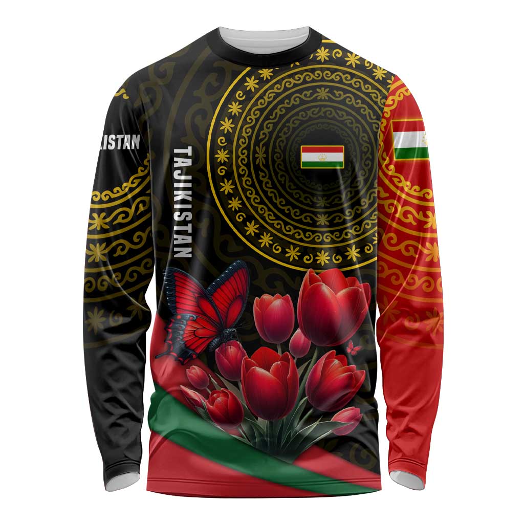 Tajikistan Long Sleeve Shirt Tulip with Red Floral Butterfly with Black Gold Folk Pattern