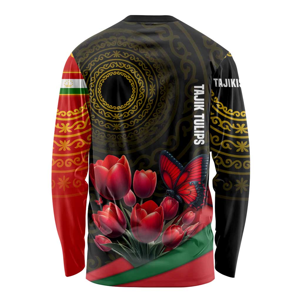 Tajikistan Long Sleeve Shirt Tulip with Red Floral Butterfly with Black Gold Folk Pattern
