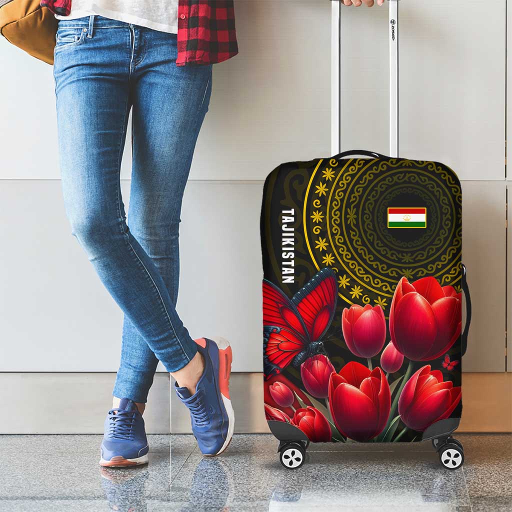 Tajikistan Luggage Cover Tulip with Red Floral Butterfly with Black Gold Folk Pattern