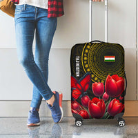 Tajikistan Luggage Cover Tulip with Red Floral Butterfly with Black Gold Folk Pattern