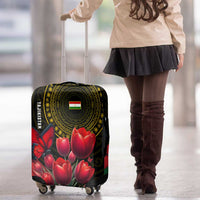 Tajikistan Luggage Cover Tulip with Red Floral Butterfly with Black Gold Folk Pattern