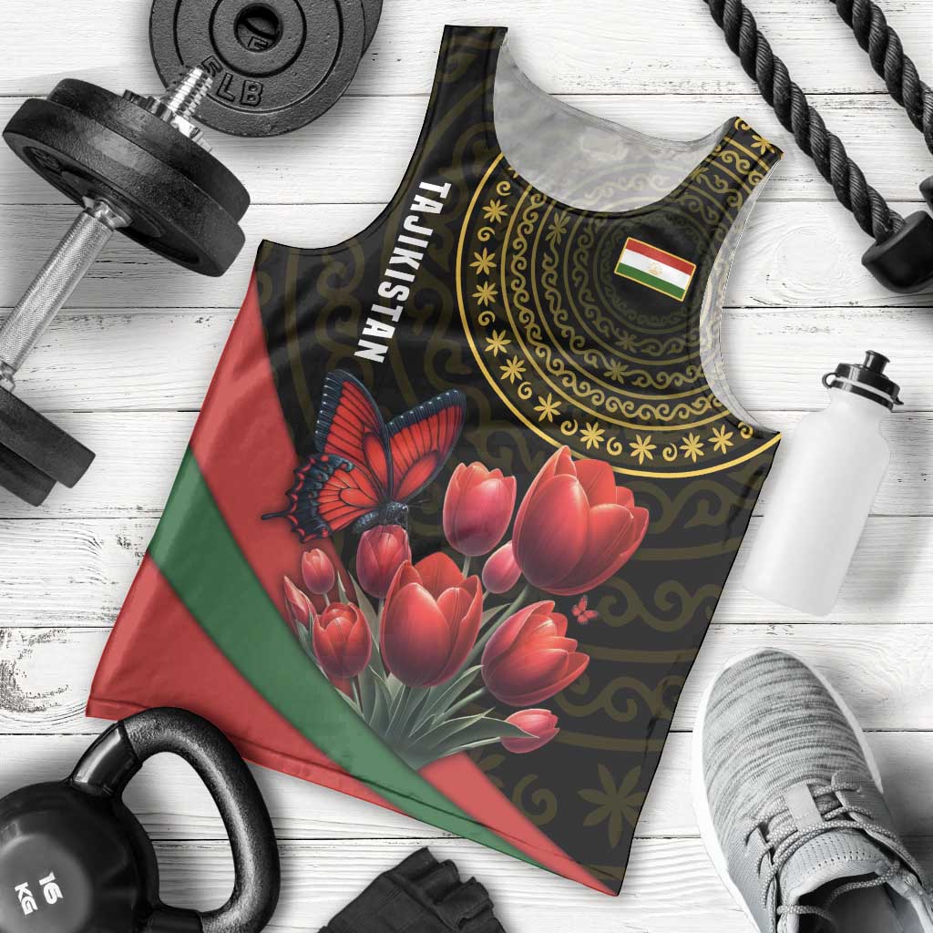 Tajikistan Men Tank Top Tulip with Red Floral Butterfly with Black Gold Folk Pattern