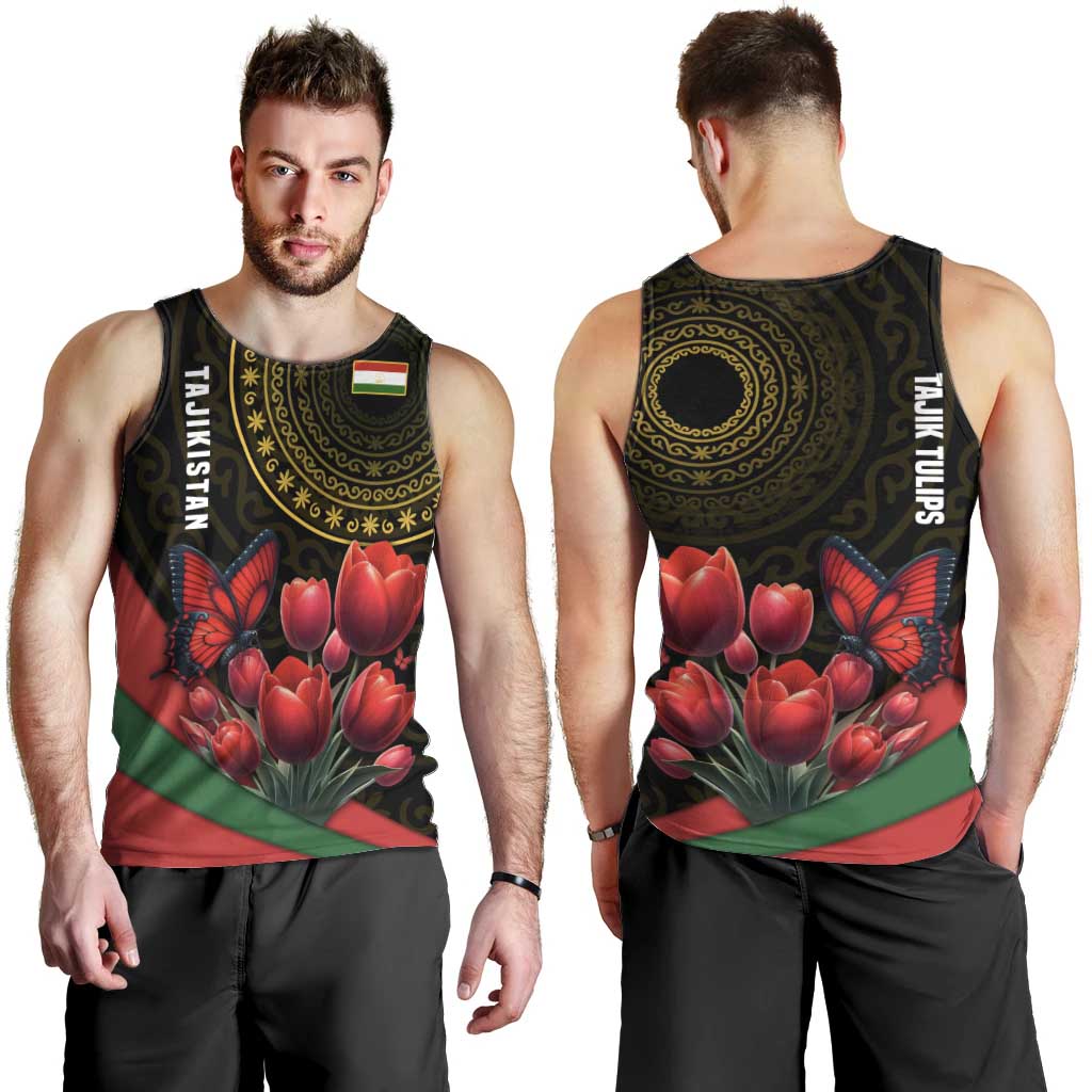 Tajikistan Men Tank Top Tulip with Red Floral Butterfly with Black Gold Folk Pattern